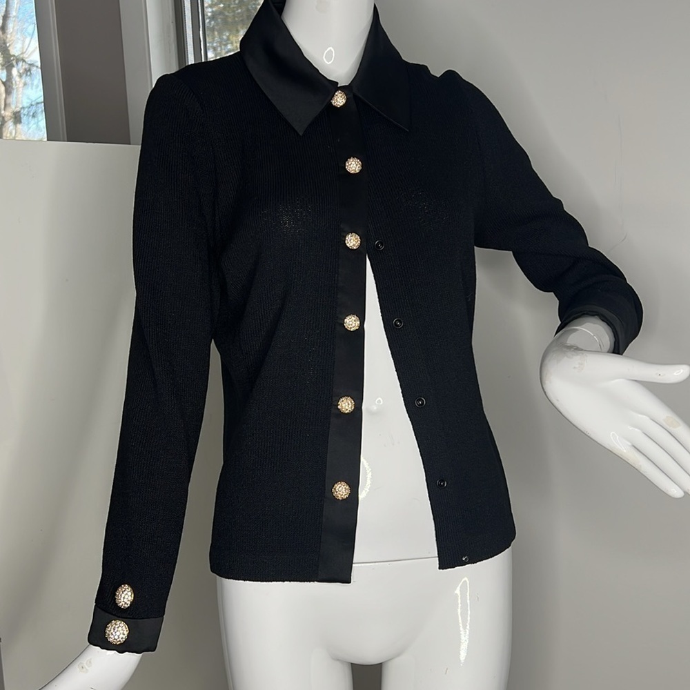St. John Evening Sz 10 Black Knit and Satin Crystal Snap Front Sweater Jacket